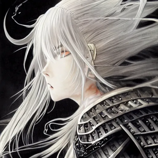 Image similar to yoshitaka amano realistic illustration of an anime girl with wavy white hair and cracks on her face wearing elden ring armour with the cape fluttering in the wind, abstract black and white patterns on the background, noisy film grain effect, highly detailed, renaissance oil painting, weird portrait angle