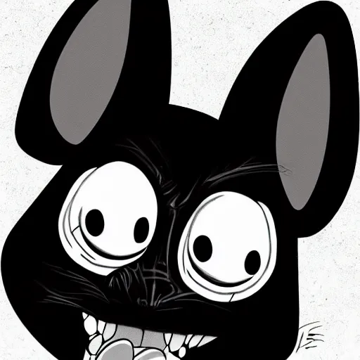 Image similar to A extremely highly detailed majestic hi-res beautiful, highly detailed head and shoulders portrait of a scary terrifying, horrifying, creepy black cartoon rabbit with scary big eyes, earing a shirt laughing, hey buddy, let's be friends, in the retro art style of Walt Disney