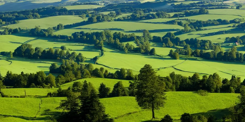Prompt: Yorkshire countryside with rolling vivid green hills and surrounded by pine trees
