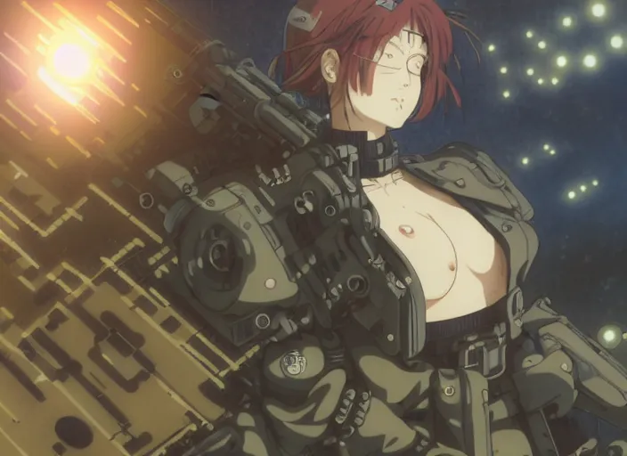 Prompt: female cyberpunk soldier shooting at a tank, Kyoto animation, last exile, blue submarine no. 6, gustav klimt, loish, murata range, kawaii, Madhouse anime studios, yoshitaka amano, studio lighting, manga, bright colors, beautiful, 35mm lens, vibrant high contrast, mucha, gradation, jean giraud, fantasy