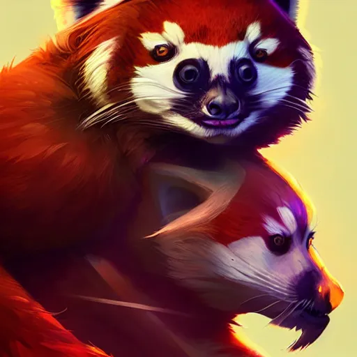 Prompt: red panda as dota 2 character, digital illustration portrait design, by android jones and greg rutkowski, retrowave color scheme, detailed, cinematic lighting, wide angle action dynamic portrait