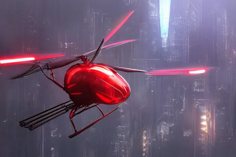 Image similar to futuristic flying helicopter robot with glowing red eyes, desolate metropolis, digital art, fantasy, trending on artstation, professional illustration, cgsociety, ultra detailed