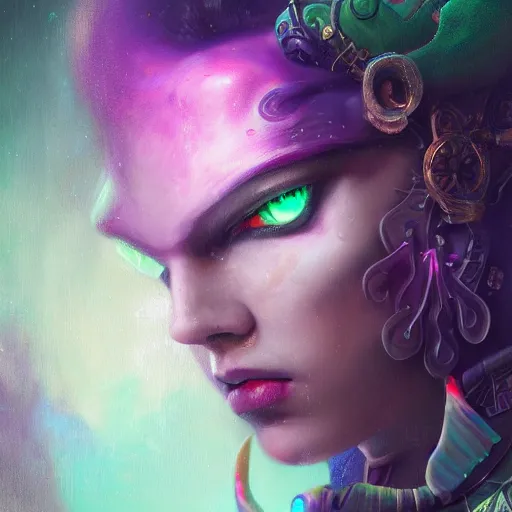 Image similar to tom bagshaw, soft painting curiosities carnival, a single very beautiful warrior in full underwater armor, symmetry accurate human features, focus, very intricate ultrafine details, green purple aqua volumetric lights, award winning masterpiece, octane render 8 k hd