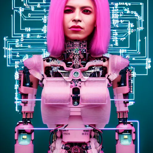 Image similar to portrait of a mexican woman with pink hair as a cyberpunk cyborg half robot, revealing wires and electronics, circuit boards, wire management, sci - fi, missing panels, intricate abstract upper body intricate artwork, concept art, octane render, deviantart, cinematic, key art, hyperrealism, iridescent accents, portrait photograph, nikon 3 5 mm, photograph by greg rutkowski