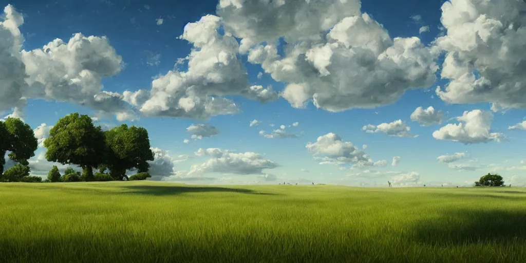 Image similar to Landscape, green meadow, blue sky, white cloud, Metaphysical painting, intricate, cinematic lighting, highly detailed, digital painting, artstation, concept art, smooth, sharp focus, illustration, hyper realism, high detail, octane render, 8k, iridescent accents, art by Giorgio de Chirico