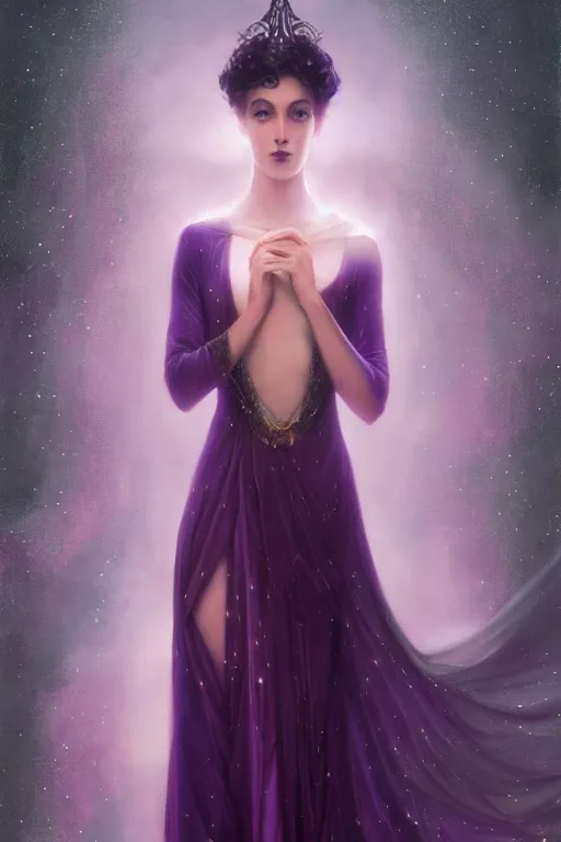 Image similar to Nocturne, glowing, stars, a long-legged elegant evil woman, highly detailed, mysterious, ethereal, dressed in dark violet velvet, haute couture, illustration, dramatic lighting, soft details, painting, by Edmund Blair Leighton, Brom, Charlie Bowater, trending on artstation, faces by Tom Bagshaw, otto schmidt