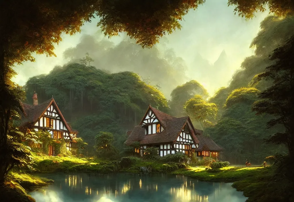 Image similar to a small tudor house on a hillside surrounded by jungle with a pond, blue sky, cinematic view, detailed architecture, concept art, high detail, well lit, volumetric, godrays, vivid, trending on artstation, by jordan grimmer, art greg rutkowski