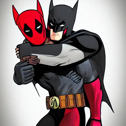 Image similar to batman hugs deadpool, rainbow, artstation