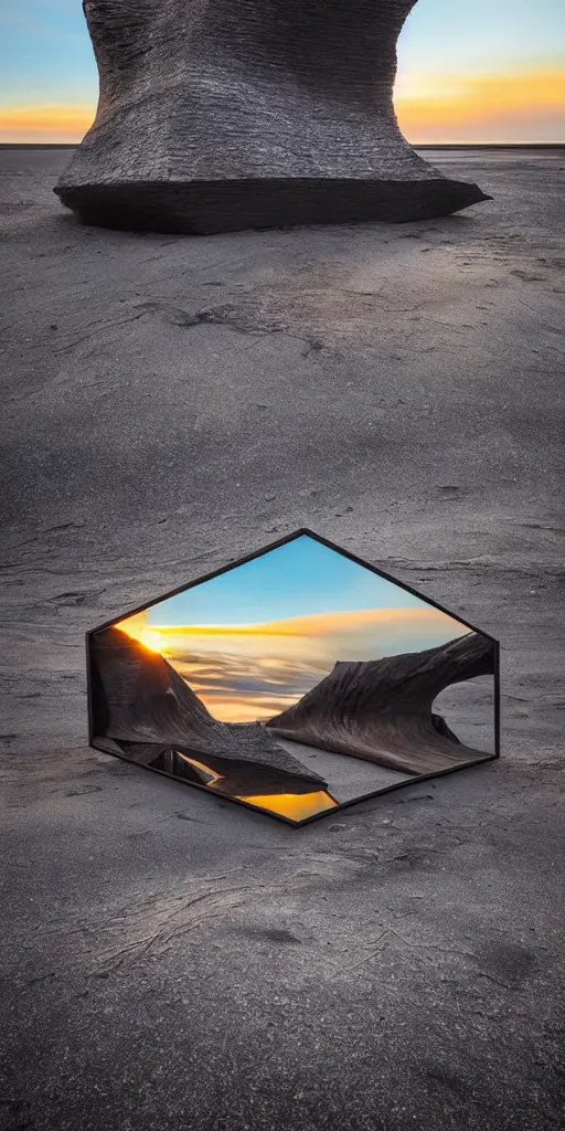 Image similar to futuristic angular architect giant golum monster made from deconstucted charcoal wood and mirrors, refracted, floating, portal, iceland landscape photography sunset, by lurie belegurschi and gunnar freyr