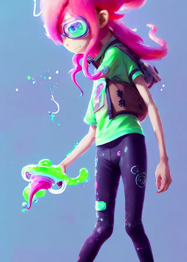 Image similar to a beautiful fullbody portrait of a cute splatoon anime boy with pink hair and green eyes wearing sports clothing tight leggings. character design by cory loftis, fenghua zhong, ryohei hase, ismail inceoglu and ruan jia. artstation, volumetric light, detailed, photorealistic, fantasy, rendered in octane