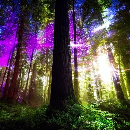 Image similar to a forest with glowing plants, magical, starts visible in the sky, wide shot, dramatic lighting