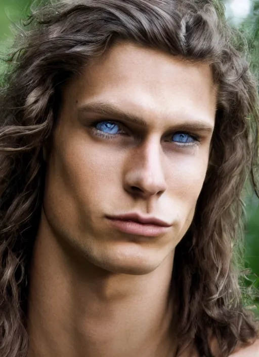 Image similar to a very skinny young Tarzan close-up portrait of young white male, with long straight slicked back brown hair shoulder length