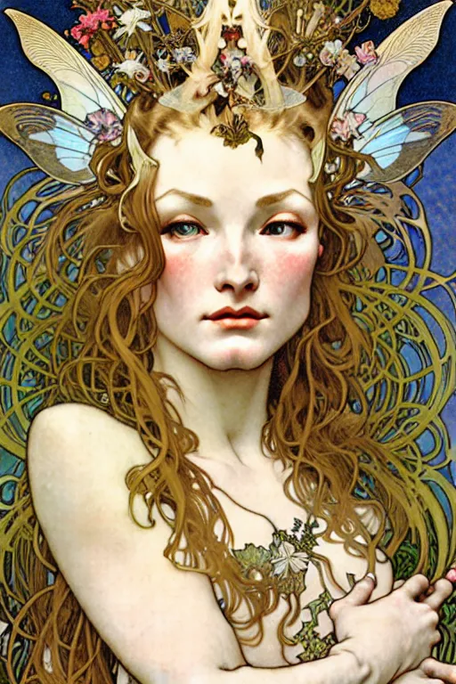 Prompt: realistic detailed face portrait of Veronica Lake as Fairy Queen Titania by Alphonse Mucha, Ayami Kojima, Yoshitaka Amano, Charlie Bowater, Karol Bak, Greg Hildebrandt, Jean Delville, and Mark Brooks, Art Nouveau, Pre-Raphaelite, Gothic Revival, exquisite fine details, 4k resolution, large motifs, hyper realistic, 8k image, 3D, supersharp, perfect symmetry, High Definition, Octane render in Maya and Houdini, light, shadows, reflections, photorealistic, masterpiece, smooth gradients, no blur, sharp focus, photorealistic, insanely detailed and intricate, cinematic lighting, Octane render, epic scene, 8K