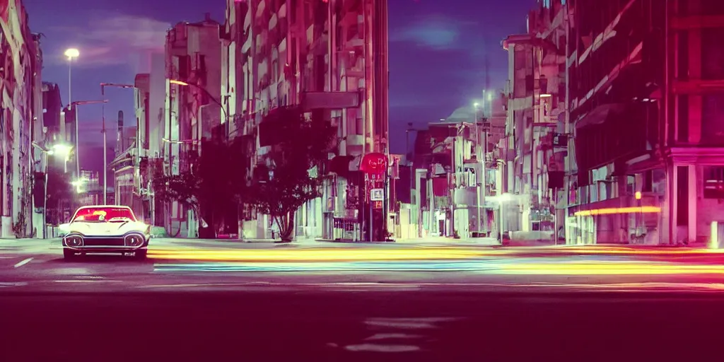 Image similar to 80s red sports car, parked on deserted city street at night time, purple lighted street, wide angle, cinematic, retro-wave vibes, grainy, soft motion blur, VHS Screencap