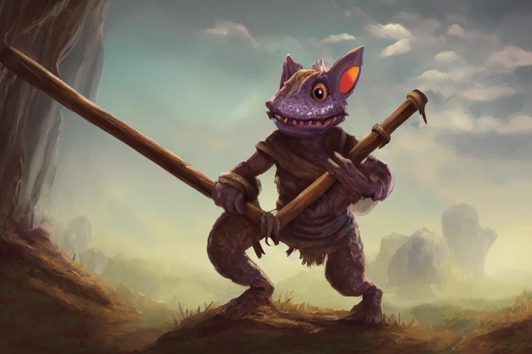 Prompt: a lone d & d kobold, traveling long dirt road, carrying a bindle on a stick, fantasy setting, 4 k, digital art