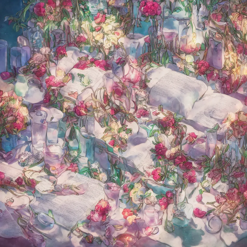 Image similar to cold drinks, ice cream, strawberry embellishment, books and flowers, trending on studio ghibli, dreamy, soft, global illumination, radiant light, intricate environment, luminescence, highly detailed, 8 k