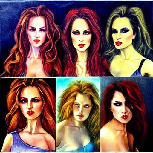 Prompt: “ five identical pretty women side by side, hyper realistic, in the style of julie bell ”