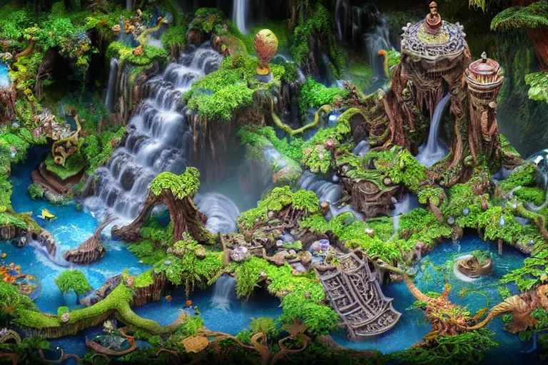 Image similar to isometric view of a fantastical garden with waterfalls and giant trees, by Andrei Riabovitchev, Shaun Tan, Peter Mohrbacher and Takayuki Takeya, ancient ornate intricate, cinematic, realistic, intricate detail, finely detailed, small details, extra detail, photorealistic, high resolution, 3D, PBR, path tracing, volumetric lighting, octane render, arnold render, 8k