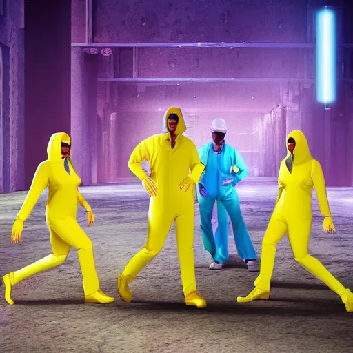 Image similar to futuristic world with people wearing yellow jump suits, 8 k resolution, cinematic lighting, anatomically correct