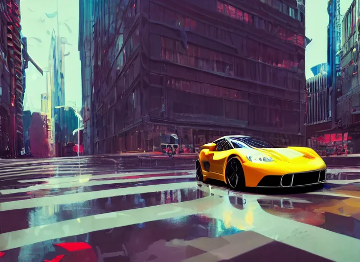 Image similar to a sport car in a city. sharp focus, cinematic pose, cinematic lighting, unreal engine render. art by josan gonzales and moebius and deathburger.