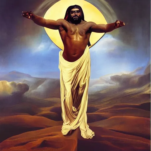 Image similar to surrealist epic photoreal portrait of kayne west as god by dali, arms outstretched, 4 k