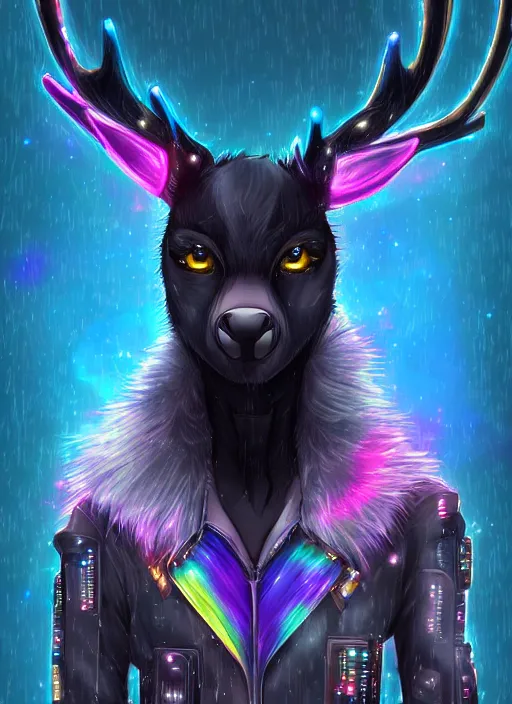 Image similar to award winning beautiful portrait commission of a male furry anthro Black Reindeer cyberpunk fursona with a tail, wings, wings, wings and a cute beautiful attractive detailed furry face wearing stylish black and rainbow galaxy clothes, outline, in a cyberpunk city at night while it rains. Character design by charlie bowater, ross tran, artgerm, and makoto shinkai, detailed, inked, western comic book art