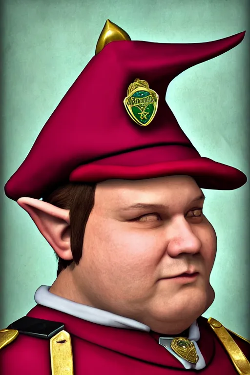 Prompt: high fantasy elf mall cop with a sheriff's badge that is fat, shifty, 1500s Oil Portrait, Carvagio, hyper realistic, 8k UHD scan