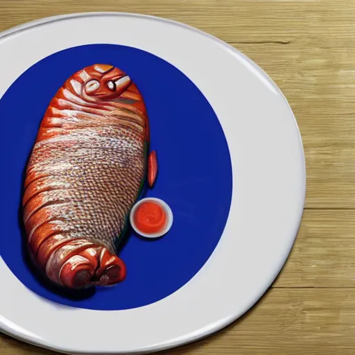 Image similar to realistic painting of a fish transforming into a sausage, presentation on a plate, mid - transform