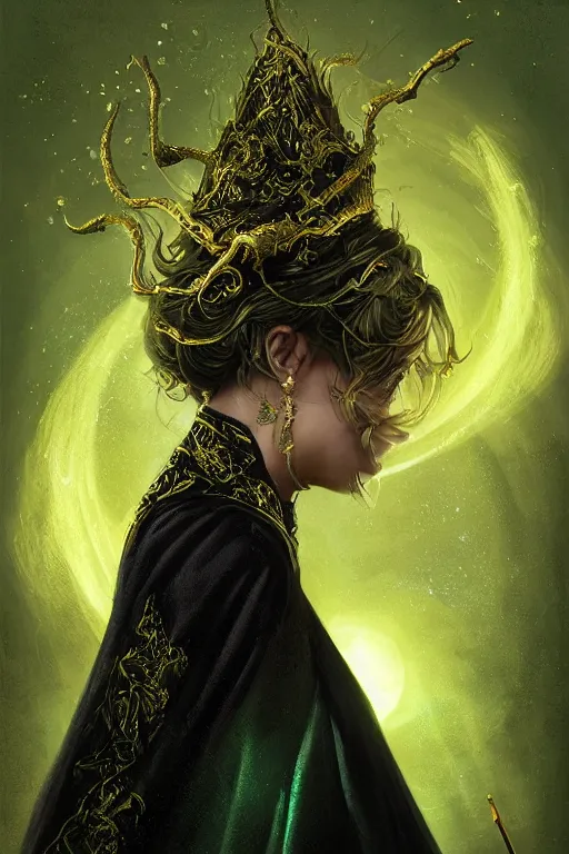 Image similar to a close - up three - quarters profile portrait of a beautiful sorceress wearing a black robe with gold embroidery, casting a spell, green glows, painted by artgerm and tom bagshaw, highly detailed digital art
