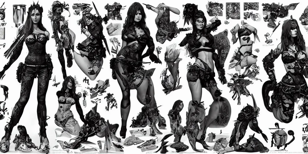 Image similar to brigitte bardot as a tattooed pinup warrior, character sheet, concept design, contrast, hot toys, kim jung gi, greg rutkowski, zabrocki, karlkka, jayison devadas, trending on artstation, 8 k, ultra wide angle, pincushion lens effect