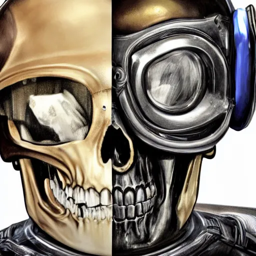 Image similar to a portrait of an anthropomorphic vintage skull in a racing helmet by sandra chevrier, detailed render, epic composition, cybernetics, 4 k realistic, cryengine, realistic shaded lighting, sharp focus, masterpiece, by matteo scalera, gary montalbano, peter elson in the style of the tokyo ghost comic