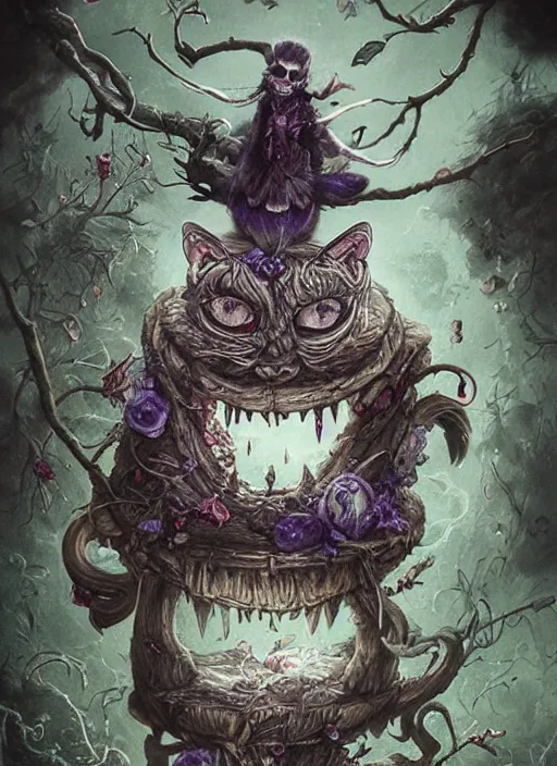 Image similar to Angry Cheshire Cat brewing tea, Death Tarot card,highly detailed,half skull face,cinematic,8k,by Stanley Artgermm,Tom Bagshaw,Greg Rutkowski,Carne Griffiths, Ayami Kojima, Beksinski, Giger,trending on DeviantArt,hyper detailed,horror, full of colour