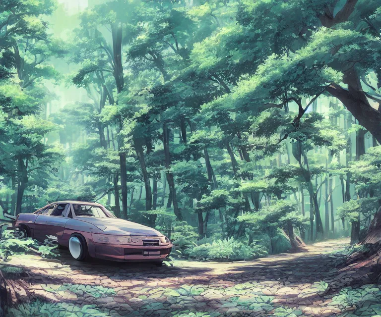 Image similar to car in a forest, anime fantasy illustration by tomoyuki yamasaki, kyoto studio, madhouse, ufotable, comixwave films, trending on artstation