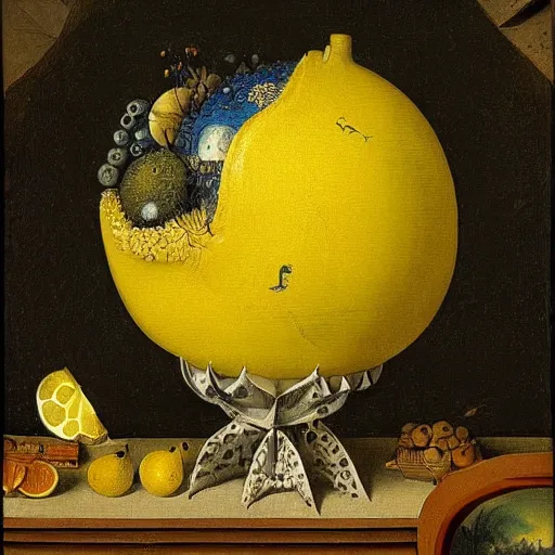 Image similar to fractal vintage alien valley disk quail uth urn lemon, by pieter bruegel the elder and banksy and yves klein, an art deco, detailed painting, rococo