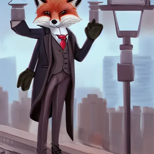 Image similar to anthropomorphic furry fox wearing a tuxedo stands on a train station ,detailed, Artstation