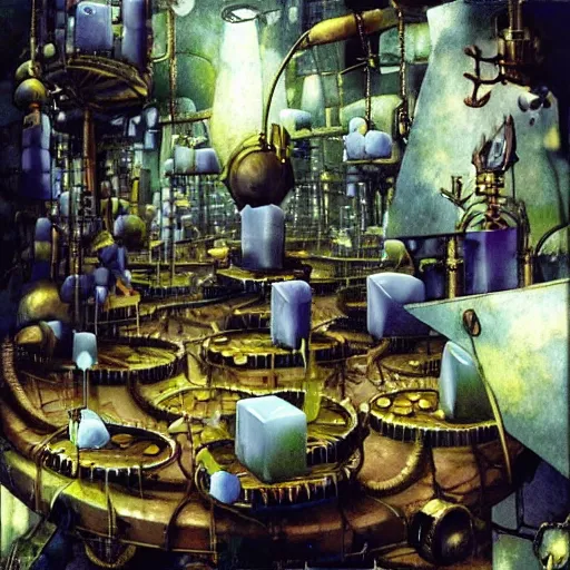 Prompt: gelatinous cubes being processed into magic items with the juice made from their bodies, d & d, industrial assembly line in a fantasy steampunk factory, dave mckean