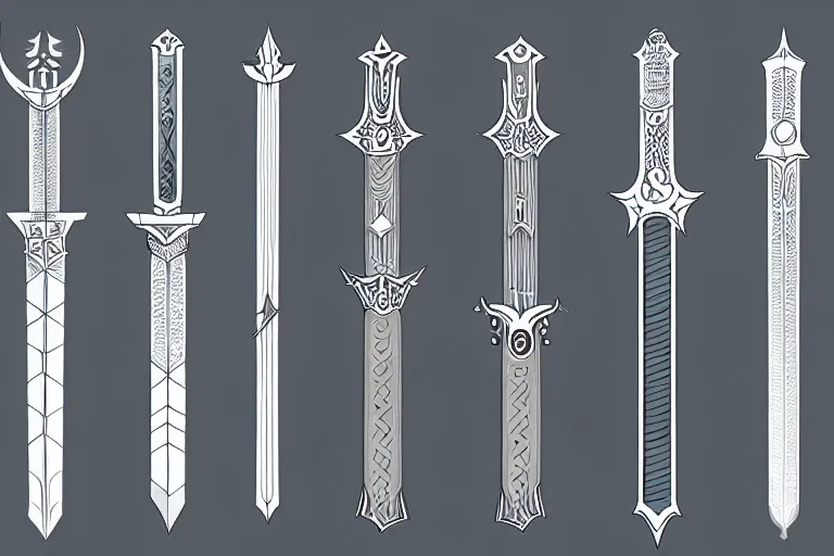 Image similar to design sheet of various magic swords, intricate linework, swords, blades, weapon designs, clean lines