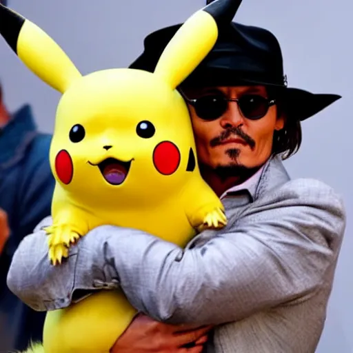 Image similar to johnny depp holding a baby pikachu