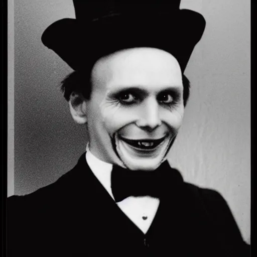 Image similar to black and white photo of a disturbing humanoid with sharp teeth and black eyes wearing a top hat