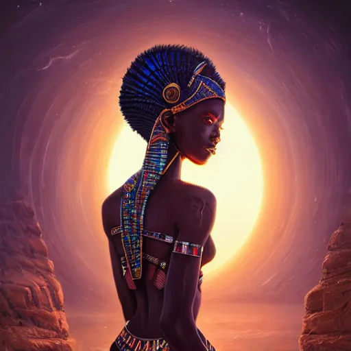 Prompt: highly detailed portrait of an african egyptian goddess entering the voidspace, intricate alien technology, stephen bliss, unreal engine, fantasy art by greg rutkowski, loish, rhads, ferdinand knab, makoto shinkai and lois van baarle, ilya kuvshinov, rossdraws, tom bagshaw, global illumination, radiant light, detailed and intricate environment