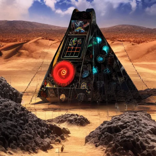 Image similar to a pachinko machine in the desert of hell, by Jean Giraud, by Dave McKean, high quality, sharp focus, 8k, octane render, trending on Artstation,