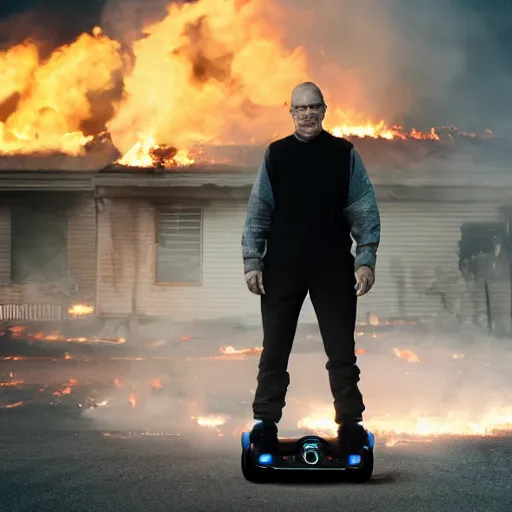 Image similar to Photo of Walter White standing on a hoverboard with several burning buildings behind him, centered, cinematic lighting, highly detailed, 8k