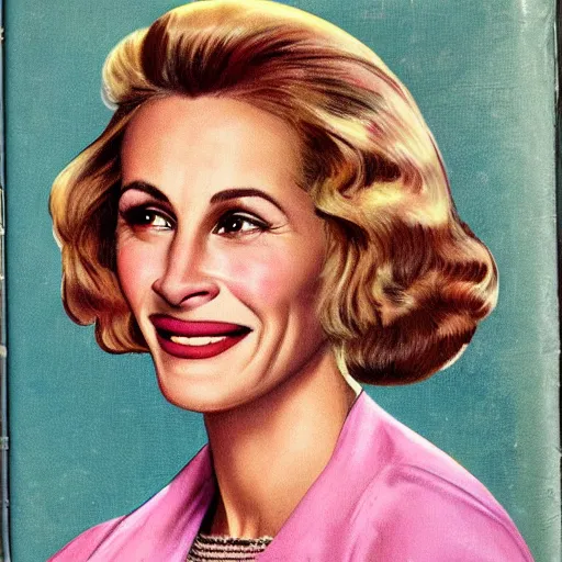 Image similar to “Julia Roberts portrait, color vintage magazine illustration 1950”