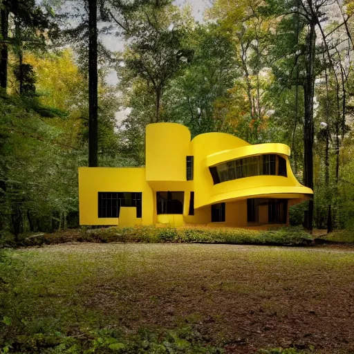 Image similar to architecture ad for a mid-century modern house in the middle of the forrest, designed by Frank Gehry. Film grain, cinematic, colorized, yellow hue