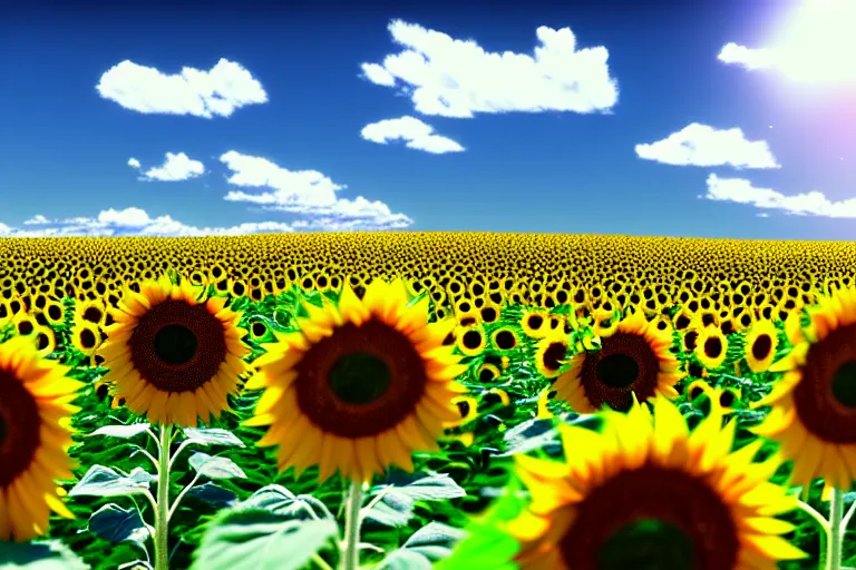 Image similar to a cute little robots at sunflower field. super realistic 8 k render of a elegant, cinematic composition