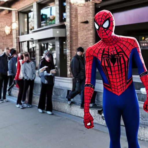 Image similar to spiderman standing in line at starbucks, photorealistic