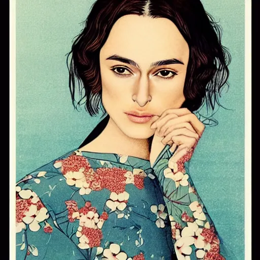 Image similar to “ keira knightley portrait by ikenaga yasunari and ayana otake and ko rakusui, 6 0 s poster, drawing, realistic, sharp focus, japanese, dreamy, nostalgia, faded, golden hues, floral clothes ”