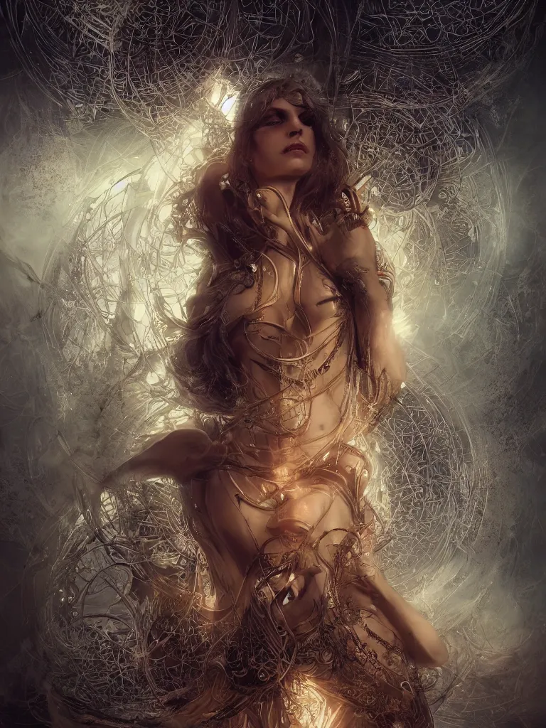 Image similar to a photo of her a mystical goddess woman covered in modular synthesizer parts surrounded by sacred geometry made from elven architecture, full body, perfect face, powerful, cinematic, beautifully lit, by bastien lecouffe - deharme, by karol bak, 3 d, octane render, 8 k