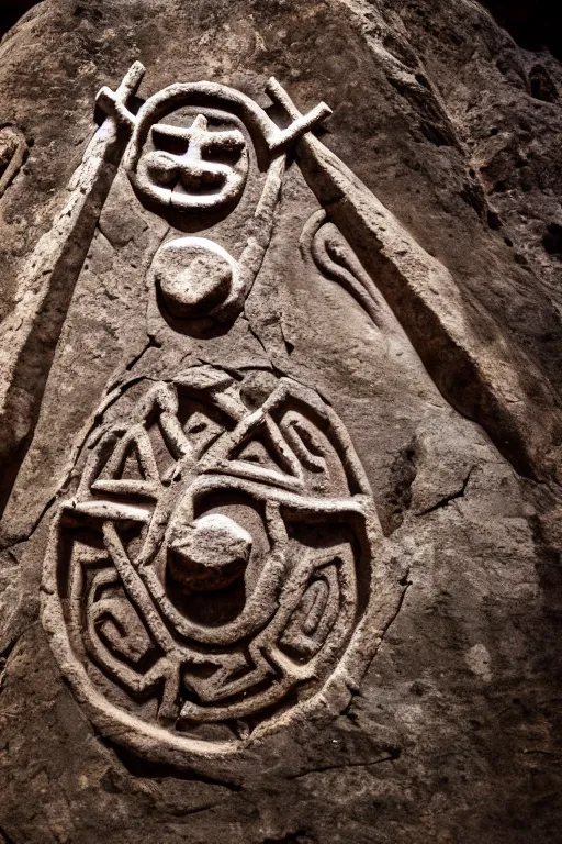 Image similar to 4 k photography of petroglyphs representing crosses, ufo, yin yang symbol on a cave