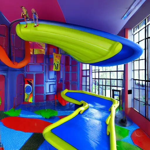 Image similar to an indoor play area with a slide and climbing wall, concept art by bourgeois, dribble, abstract expressionism, polycount, high definition, parallax